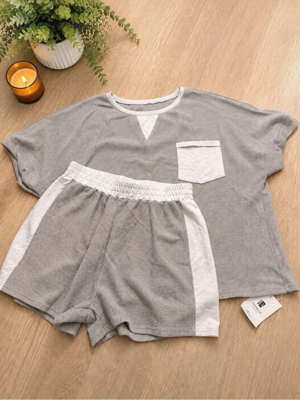 Grey & White Women's Set - Soft Short Sleeve Top and Elastic Waist Shorts
